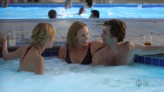 Toni Collette and Brie Larson in hot tub with hunk - United States of Tara