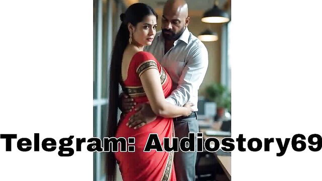 Indian busty MILF in red saree embraced by bald man from behind