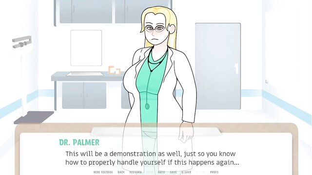 Dr. Palmer blonde doctor in tight scrubs demonstrates handjob