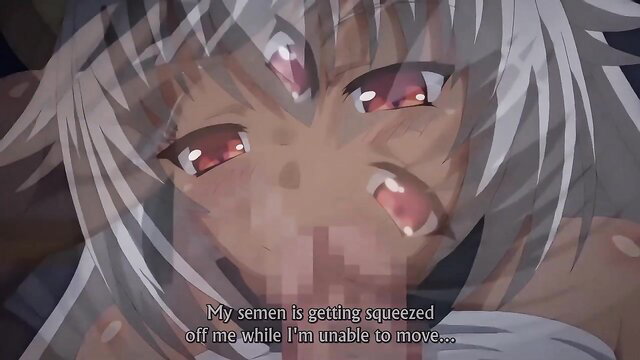 Petite silver-haired dragon girl with red eyes squeezing semen from paralyzed anime teacher