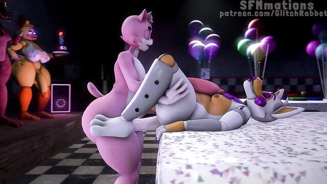 Roz pink catgirl rides Lolbit bunny femboy animatronic in FNAF hentai