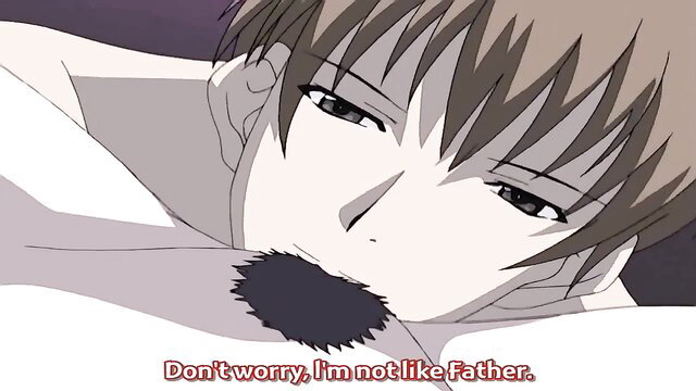 Anime hentai guy with goatee whispers 'Don't worry, I'm not like father' taboo charm
