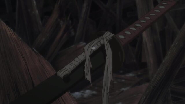 Anime hentai couple with wrapped katana sword in dark intimate scene
