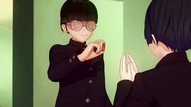 Two cute Japanese trap boys in uniforms holding red lipstick mirror scene