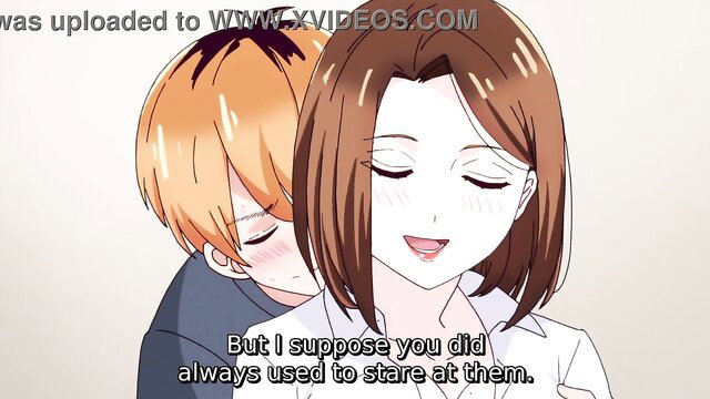 Anime aunt embraces nephew from behind, smiling intimately in JAV hentai