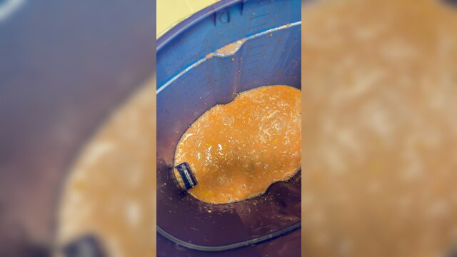 Extreme fetish closeup of thick orange vomit overflowing blue bucket