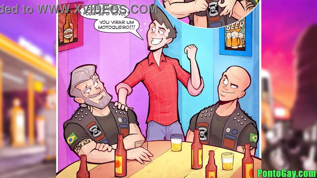 Three muscular Latino bikers drinking beer in gay initiation ritual