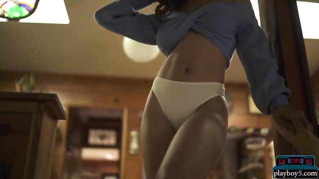 Brookliyn Wren ebony MILF strips in blue top and white panties