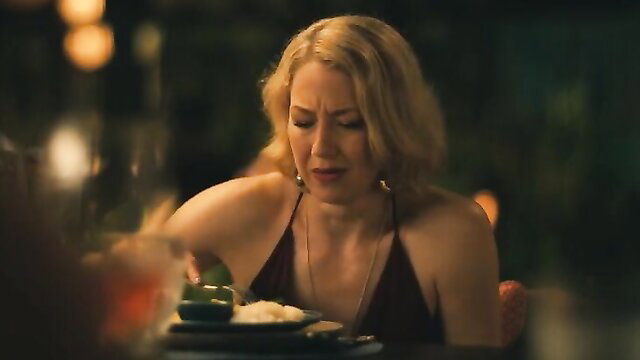 Blonde Carrie Coon in sexy slip dress at dinner, The White Lotus S3E7