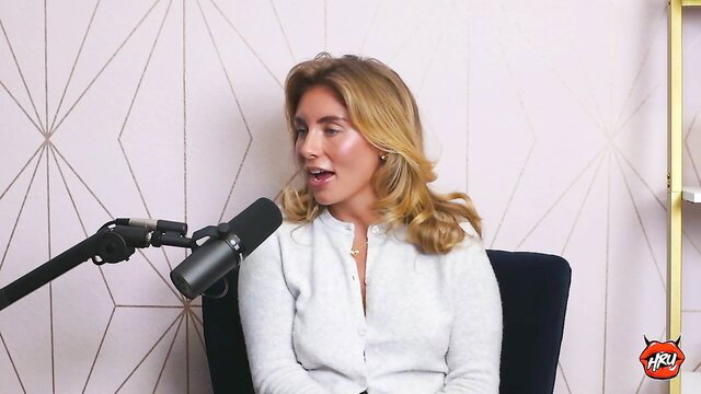 Bonnie Blue blonde model in white top on podcast interview