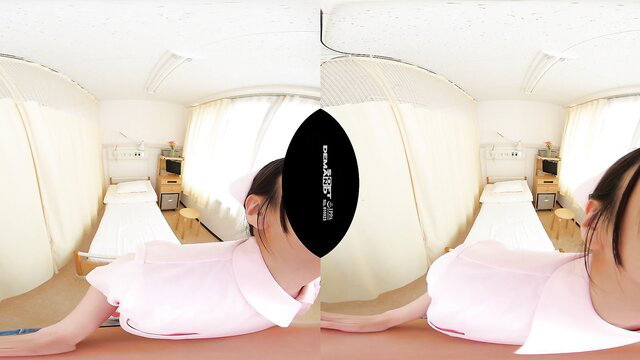 Japanese schoolgirl in pink dress crawls on floor VR POV