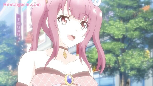Pink-haired hentai bunny girl Christhea in skimpy pink lingerie exposing outdoors