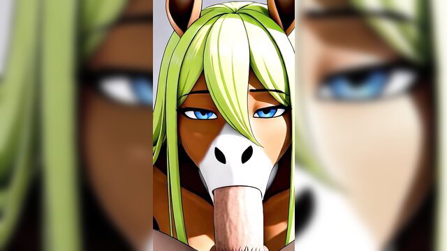 Blonde anthro horse girl with cat ears deepthroating cock in hentai yiff