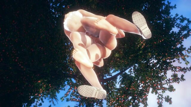 Nude femboy upside down in tree, sneakers on feet, yaoi hardsex pose