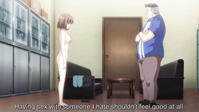 Nude anime girl stands naked before fat ugly old man in JAV hentai
