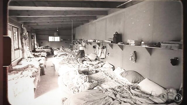 Vintage black & white dorm bunk beds scene from Fiona Armstrong nude Heaven and Hell