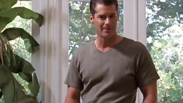 Mandy Fisher sexy in gray V-neck tee, Passion Before Midnight