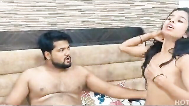 Indian couple hot foreplay, nude desi babe grabs man's neck on couch