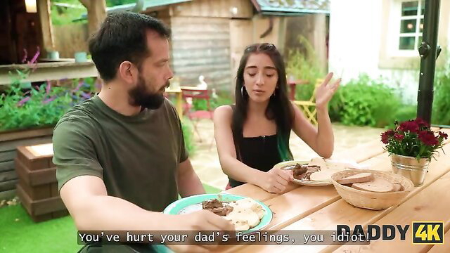 Brunette teen scolds bearded daddy before outdoor risky fuck HD