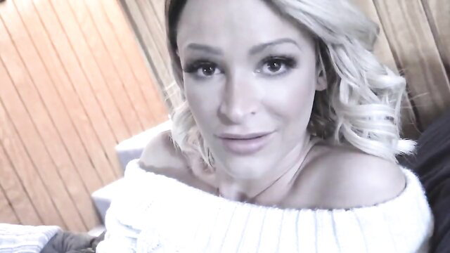 Hot blonde stepdaughter in off-shoulder sweater wakes stepdad for JOI fuck