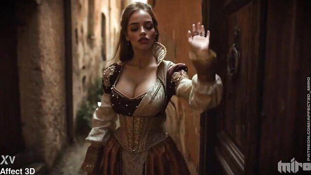 Busty brunette in Renaissance cleavage dress waves seductively