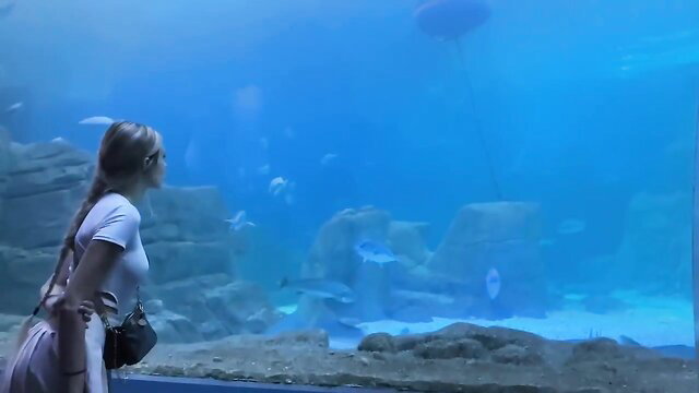 Tory Sweety at aquarium, white tank top, blonde braid, teasing preview