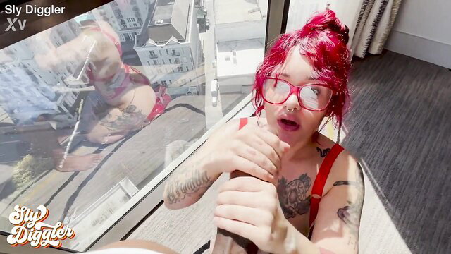 Santana Red with red hair sucks Sly Diggler POV hotel window