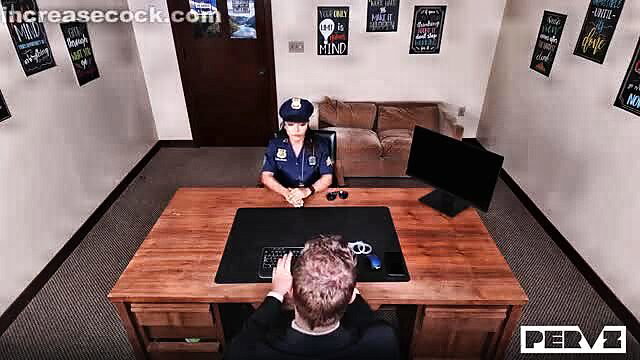 Brandy Salazar as hot police officer at desk in uniform roleplay