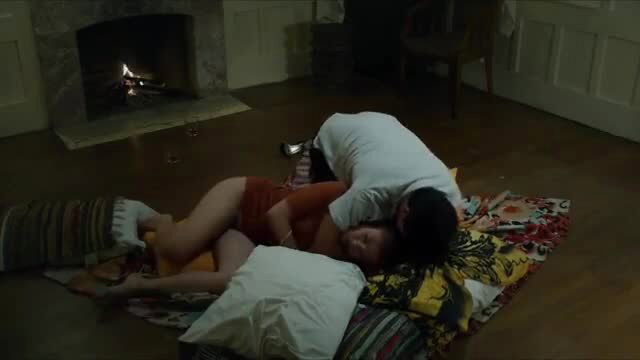 Christine Bermas nude with Chloe Jenna spooned by man on rug