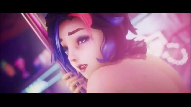 Cyberpunk anime babe with pink blue hair strips nude on pole, seductive gaze