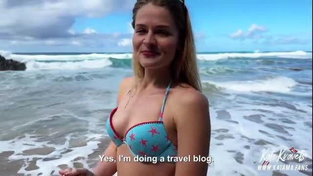 Kate Kravets in star bikini on beach, travel vlog tease