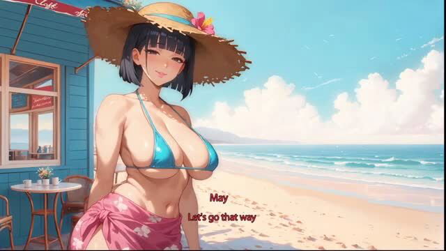 Busty Asian May in skimpy blue bikini and sarong at beach cafe