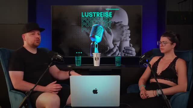 LustReise Podcast hosts discuss sex as sport, hot brunette in lace bra