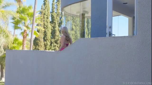 Nicole Aria in pink bikini at luxury poolside mansion
