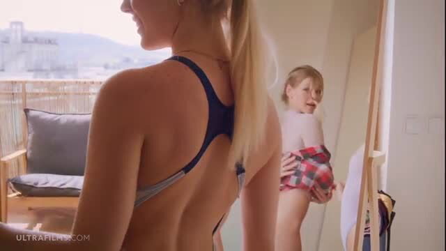 Bella Spark in backless swimsuit with Sofilie mirror reflection