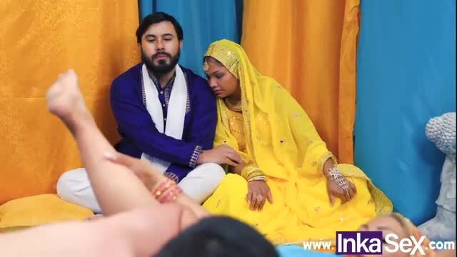 Indian bride in yellow saree sucks groom's cock at wedding