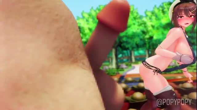 RoppiMMD as Ryza in skimpy bikini teases huge cock outdoors
