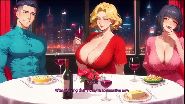 Threesome dinner date with busty blonde and Asian wife in revealing dresses