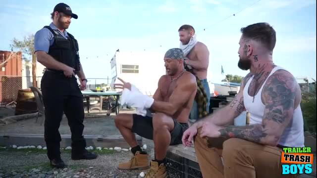 Hot cop Officer Brogan with tattooed hunks Troy Daniels in Trailer Trash Boys