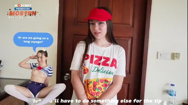Petite delivery girl in pizza shirt delivers creampie tip after late arrival
