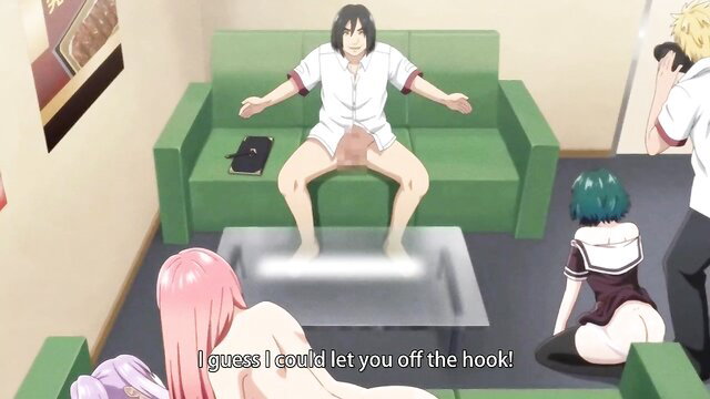 Pink and teal haired JAV girls tease seated guy's exposed cock on sofa