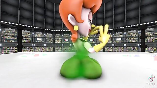 3D animated Dexter's Mom in green leotard posing with big ass in arena