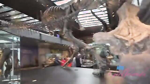 Cecelia Taylor at Natural History Museum with huge T-Rex skeleton