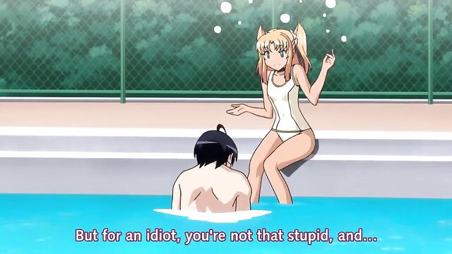 Blonde twintail anime girl in swimsuit teases guy in pool from Free Tentacle And Witches hentai