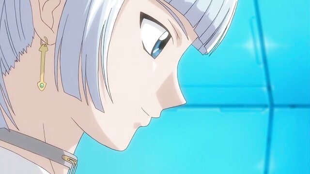 Iris from Soukou Kijo hentai in tight suit, silver bob hair, key earrings