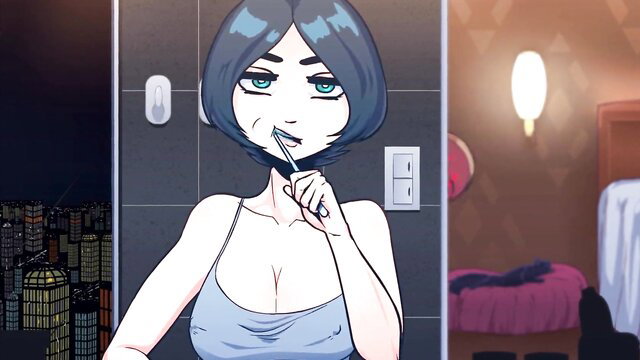 Blue-haired hentai babe brushing teeth in tank top, big tits