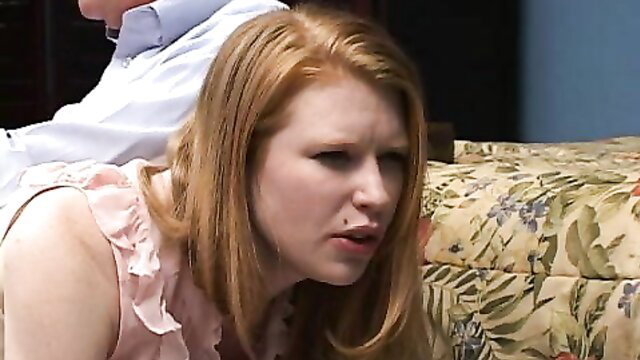 Madison Young redhead spanked OTK by man in pink top