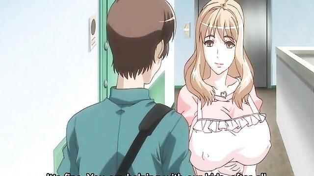 Busty blonde hentai girl in frilly pink dress flirts with guy at elevator