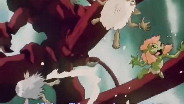 Injuu Kyoushi hentai tentacles groping green ogre girl and white furry beast on branch