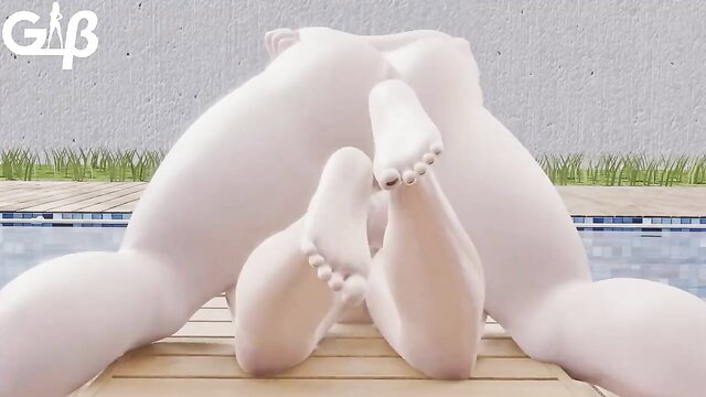 3D animated white latex woman flexing soles and soles by pool